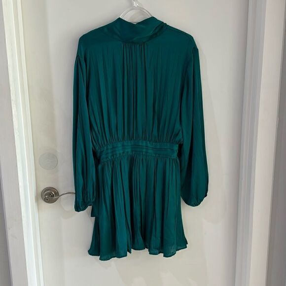 ZARA emerald green turquoise dress satin mock neck pleated ruched NWOT S - Picture 2 of 10